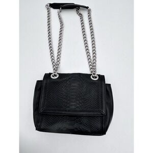 AUDREY‎ BROOKE Black Croc Embossed Leather Silver Chain Shoulder Crossbody Bag